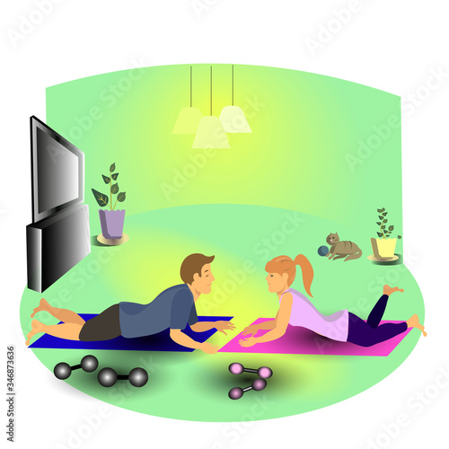 the family plays sports at home. a guy and a girl do exercises together. dumbbells and weights for a beautiful figure. vector illustration. fun fitness.
