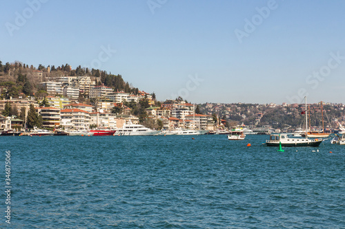 Fototapeta Naklejka Na Ścianę i Meble -  Sailing yachts in the parking lot in the Bosphorus in Istanbul on a sunny day. Turkey
