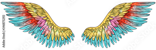 Beautiful magilc glowing glittery shiny bright yellow red blue vector wings photo