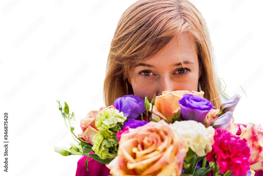 Cutout of Young attractive woman holding bouquet of flowers Cutout of Young attractive woman holding bouquet of flowers