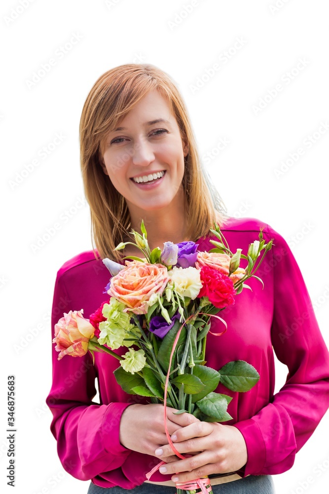 Cutout of Young attractive woman holding bouquet of flowers