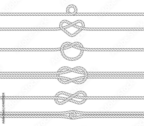 Nautical rope frames and borders, seamless pattern. Marine rope. Sailing sport vector decoration elements.