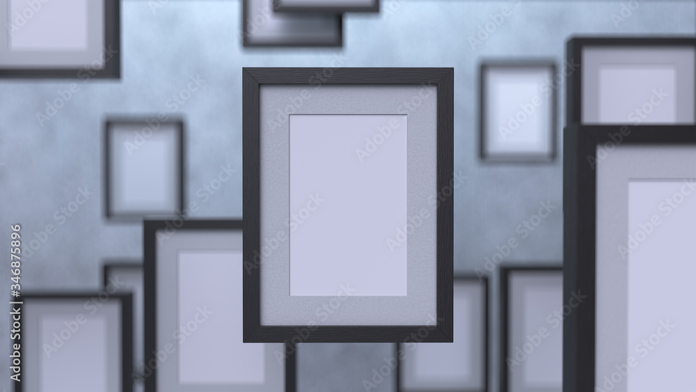 The black wooden frames with white canvases flying in a blue space. 3d render with depth of field. The black wooden frames with white canvases flying in a blue space. 3d render with depth of field.