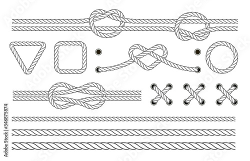 Nautical rope frames and borders. Marine rope, nautical border, cord, string knot twisted. Sailing sport vector decoration elements.