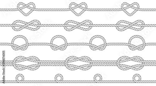 Seamless texture of ropes with knots. Knots of a circle, infinity and heart shape. Repeatable pattern. Vector illustration.