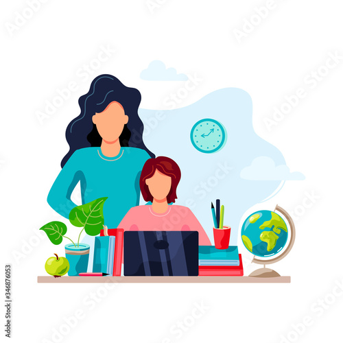 Home learning concept. Mother is helping student to do homework. Flat cartoon style design. Vector illustration