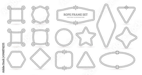 Nautical ropes, creative outline borders set. Marine empty contour frames isolated pack. Thin line square, circle, star shapes. Vector illustrations collection.