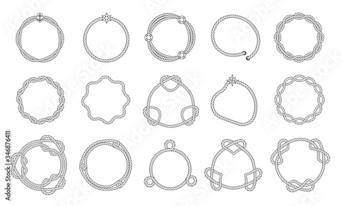Round rope frames, wavy and smooth outline with sea knots. Woven lines of frames. Borders for selection template, vector illustration.
