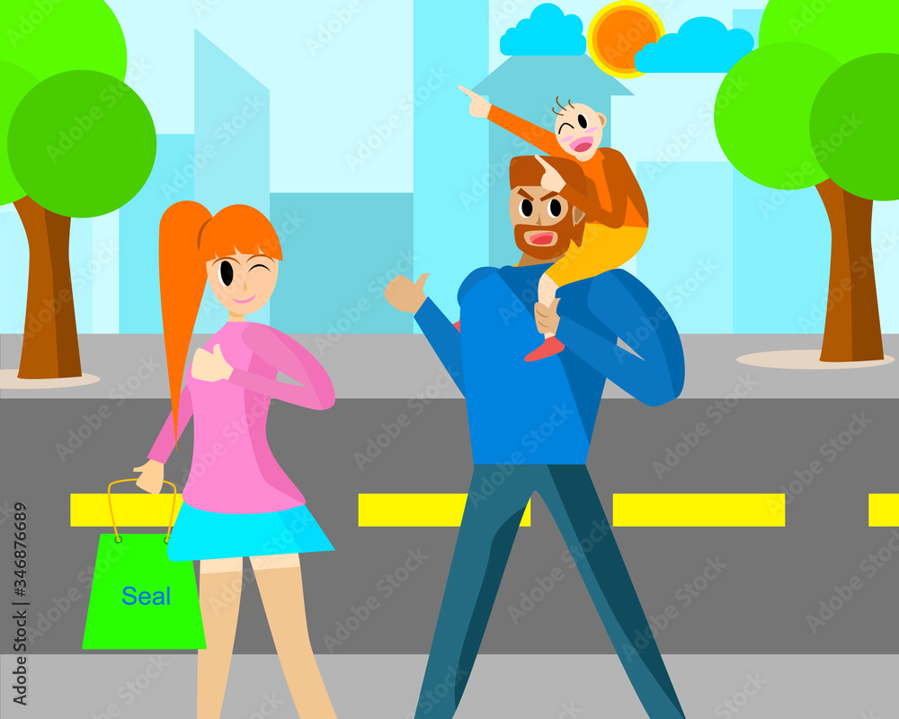 Vector Family happy time. Illustration Families, parents, and children are walking in public places. Vector Family happy time. Illustration Families, parents, and children are walking in public places.