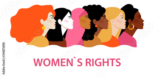 International Women`s Day. Vector template with women different nationalities and cultures. Women look the same way. Feminism. Vector illustration.