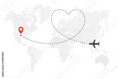 Romantic or honeymoon trip. Airplane line path. Air plane flight route with start point and heart shaped route line. Vector concept illustration.