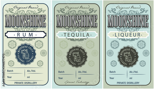 Moonshine. The best label in the city, emblem. Emblem of the alcohol industry, distillation. Monochrome, vignettes and print. Place for text. Monochrome illustration.
