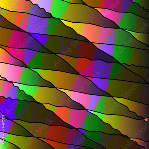 Mirrored colored shards of curved green intersecting ribbons and dark lines.