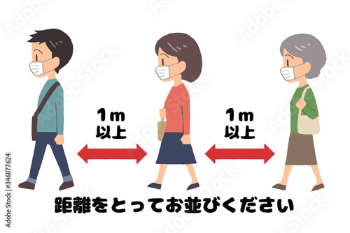 イラスト素材：ソーシャルディスタンス　列に並ぶ人々