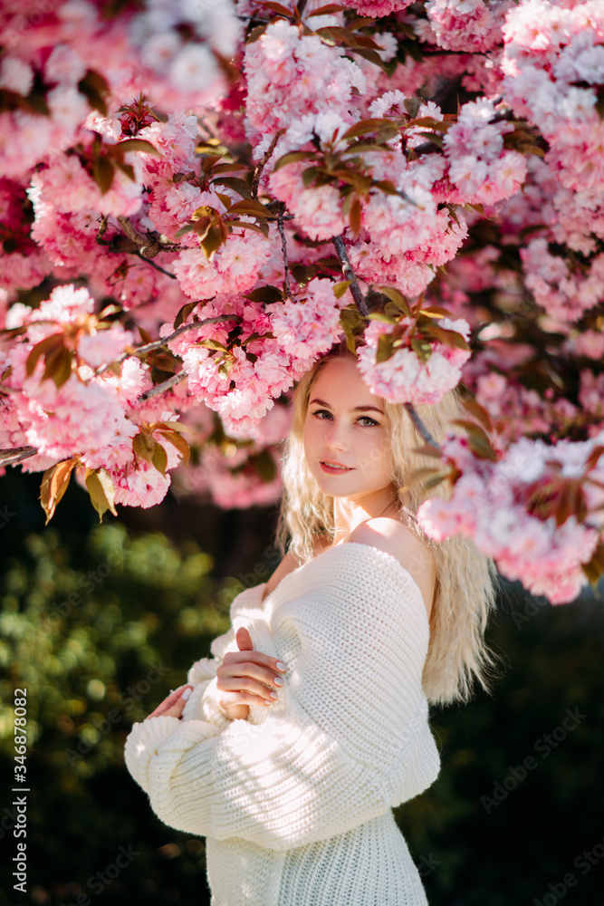 Woman walks in park with blooming sakura trees Woman walks in park with blooming sakura trees