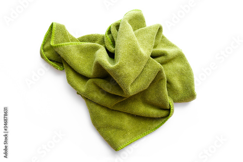 Bright green microfiber fabric cleaning cloth isolated on white background.