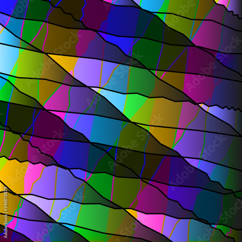 Mirrored colored shards of curved pink intersecting ribbons and dark lines.