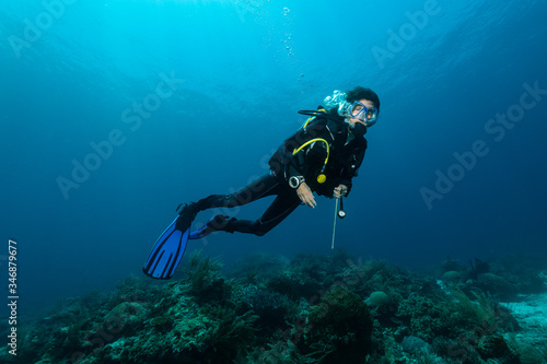 woman diver over a tropical reef