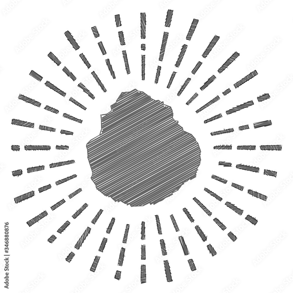Sketch map of MarieGalante. Sunburst around the island in flag colors
