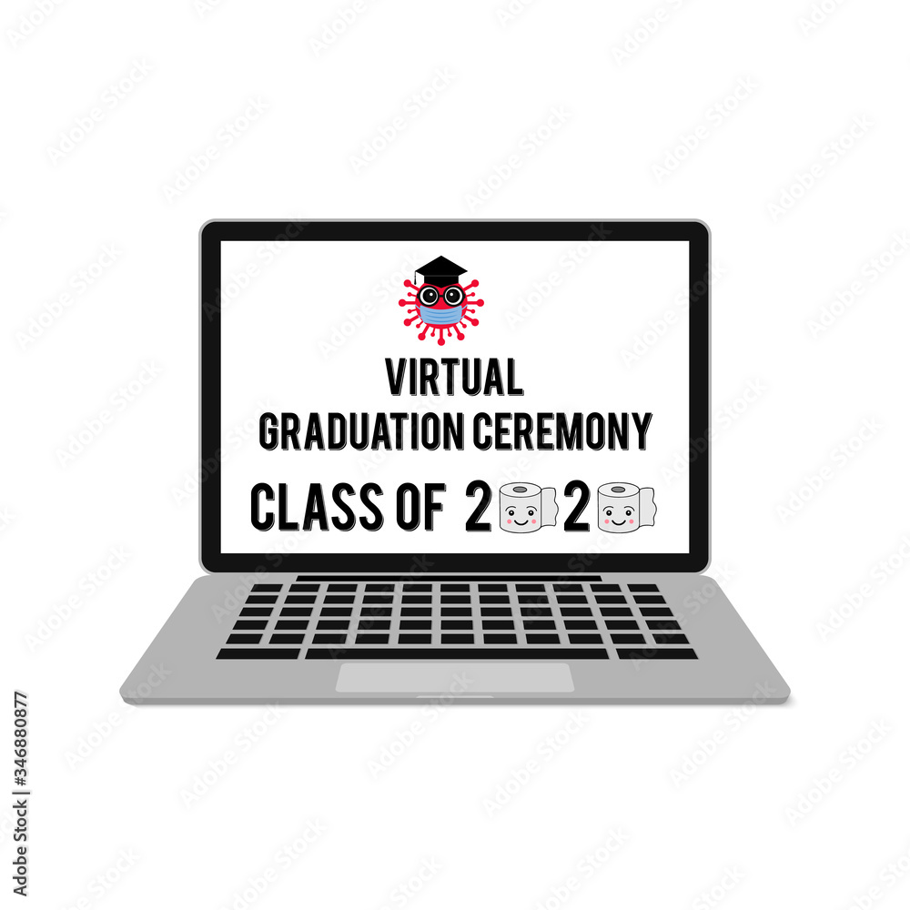Class of 2020 Virtual Graduation Ceremony lettering on laptop screen. Cute cartoon coronavirus wearing graduation cap and protective mask. COVID-19 Quarantine concept vector template. Class of 2020 Virtual Graduation Ceremony lettering on laptop screen. Cute cartoon coronavirus wearing graduation cap and protective mask. COVID-19 Quarantine concept vector template.