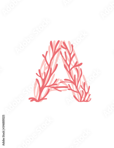 Letter A pink colored seaweeds underwater ocean plant sea coral elements flat vector illustration on white background