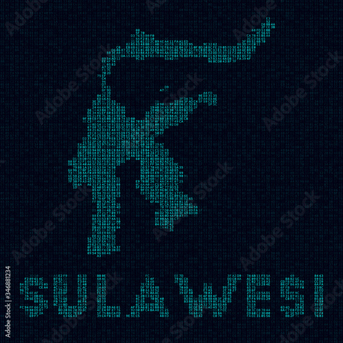 Sulawesi tech map. Island symbol in digital style. Cyber map of Sulawesi with island name. Awesome vector illustration.