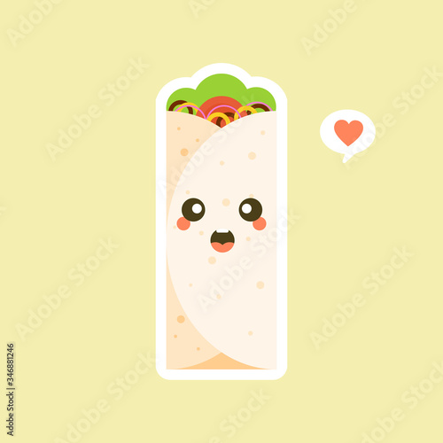 funny shawarma cartoon fast food character, element for menu of cafe, restaurant, kids food, vector Illustration. burrito flat design vector illustration 