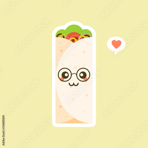 Vector chicken, vegetables roll, fast food meal. Doner gebab, shawarma flat cartoon illustration isolated on a color background. Arabic, eastern food, hand drawn image. Buritto, taco - mexican food