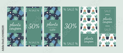 Set of botanical tags and coupons. Elegant template with houseplants. Usable for commercial and packing. Vector illustration