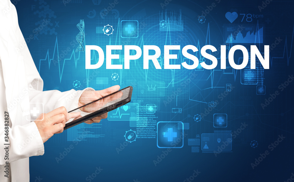 young doctor writing down notes with DEPRESSION inscription, healthcare concept