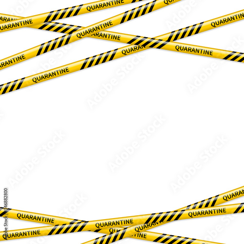 Quarantine COVID-19 banner with caution tapes and copy space. Warning tapes isolated on white background. Black and yellow stripe lines. Easy to edit vector template for your design.