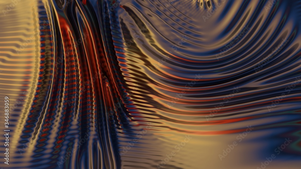 Iridescent chrome wavy cloth fabric abstract background, ultraviolet holographic foil texture, liquid petrol surface, ripples, metallic reflection. 3d render illustration.