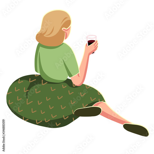 Beautiful young woman sitting on the floor with glass of wine in her hand. Girl with blond hair in skirt. Relaxing people flat vector illustration. Back view sitting woman. Character design.