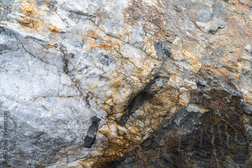 Gold ore texture close-up. Contains quartz, mica, feldspar, chlorite, garnet, carbonate, sulfides and gold.