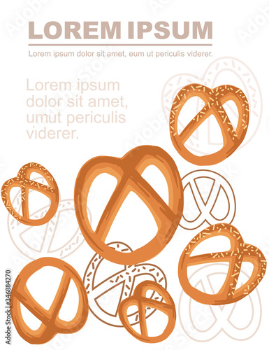 Advertising flyer design with bakery pretzel products for bakery shop cartoon food flat vector illustration on white background