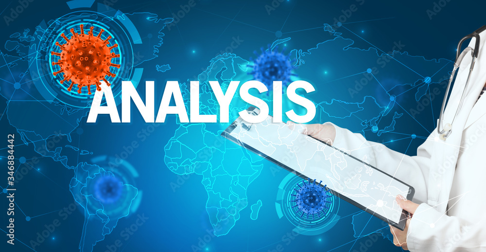 Doctor fills out medical record with ANALYSIS inscription, virology concept