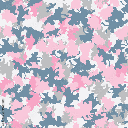 Camouflage background, seamless. Pink, grey and blue. Military fashion camo. Vector repeat. Great for home decor, wrapping, scrapbooking, wallpaper, gift, kids, apparel. 