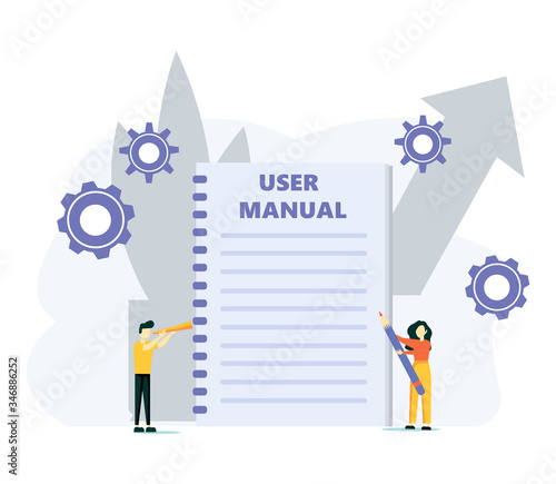 Vector illustration, Document specification requirements, Instructions for use flat style vector concept. Job search, recruitment. Small people are studying the application form. 