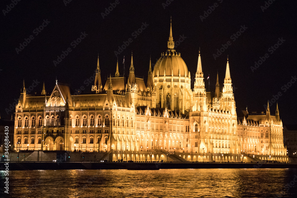 Night view of the parliament in Budapest from the cruise ship