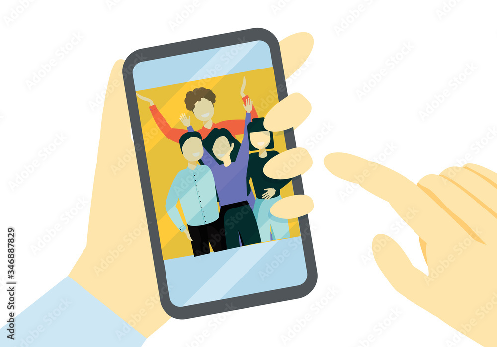 Hands holding mobile phone with happy boys and girls displaying on screen. Friends posing for selfie, group of joyful people photographing themselves. Flat colorful cartoon vector illustration. Hands holding mobile phone with happy boys and girls displaying on screen. Friends posing for selfie, group of joyful people photographing themselves. Flat colorful cartoon vector illustration.