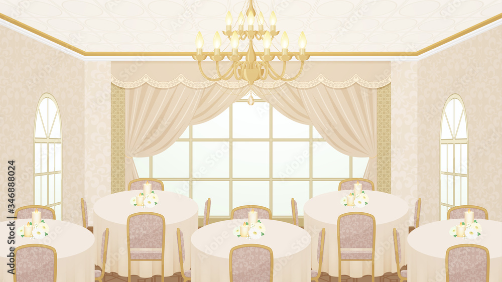 円卓 宴会場 ホテル 窓 シャンデリア 背景イラスト 16 9 Stock Vector Adobe Stock