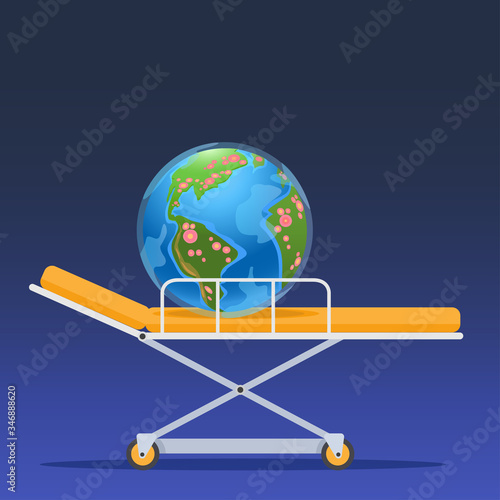 Vector stock illustration. Globe with disaster epicenters on a medical bed. Ambulance for the earth.