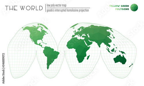 Polygonal map of the world. Goode's interrupted homolosine projection of the world. Yellow Green colored polygons. Neat vector illustration.