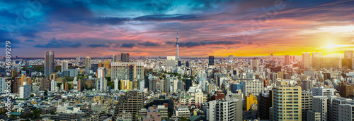 Photography Panorama of cityscape at sunset in Tokyo, Japan.