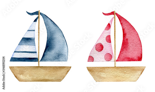 Photography Watercolor cartoon summer paper boat toys set isolated on white background