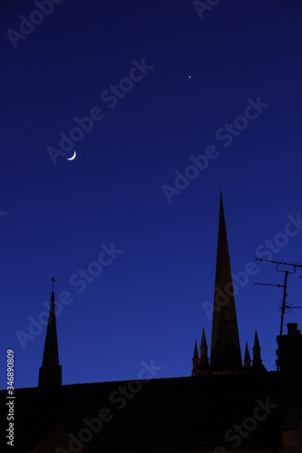 Silhuette of the Two Church Spires in Enniskillen with The Moon and Venus Above