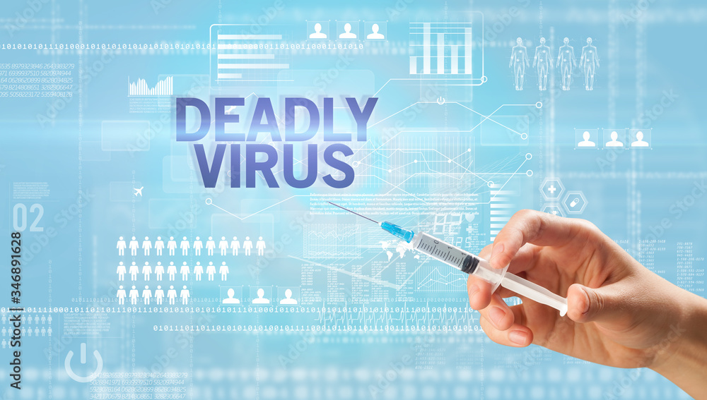 Close-up view of doctor's hand in a white glove holding syringe with DEADLY VIRUS inscription, healthcare and medical concept Close-up view of doctor's hand in a white glove holding syringe with DEADLY VIRUS inscription, healthcare and medical concept
