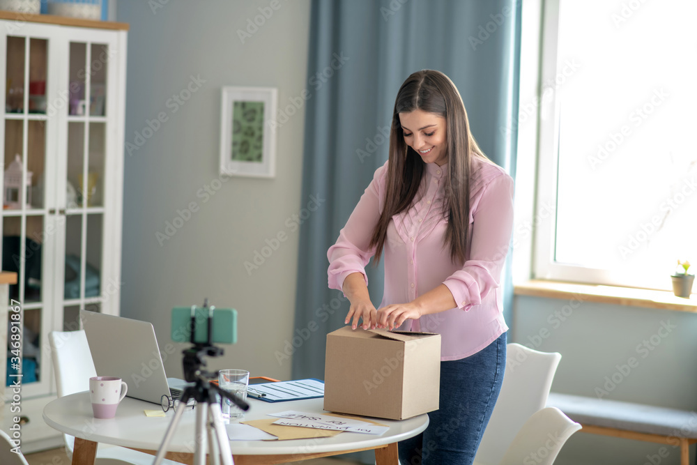 Dark-haired young woman in a pink blouse packing the box Dark-haired young woman in a pink blouse packing the box