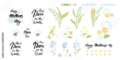 Mothers day hand lettering calligraphy illustration set, greeting card, black text, word, doodle, icon. Linocut, tatoo style. Handwritten modern brush lettering white background isolated vector