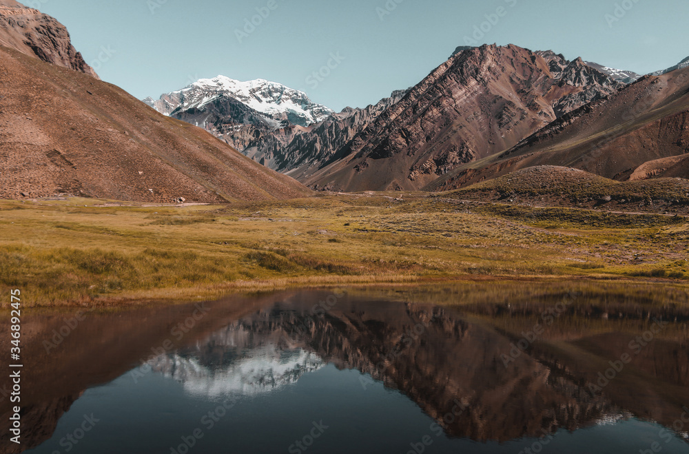 mountain aconcagua reflection in the lake
